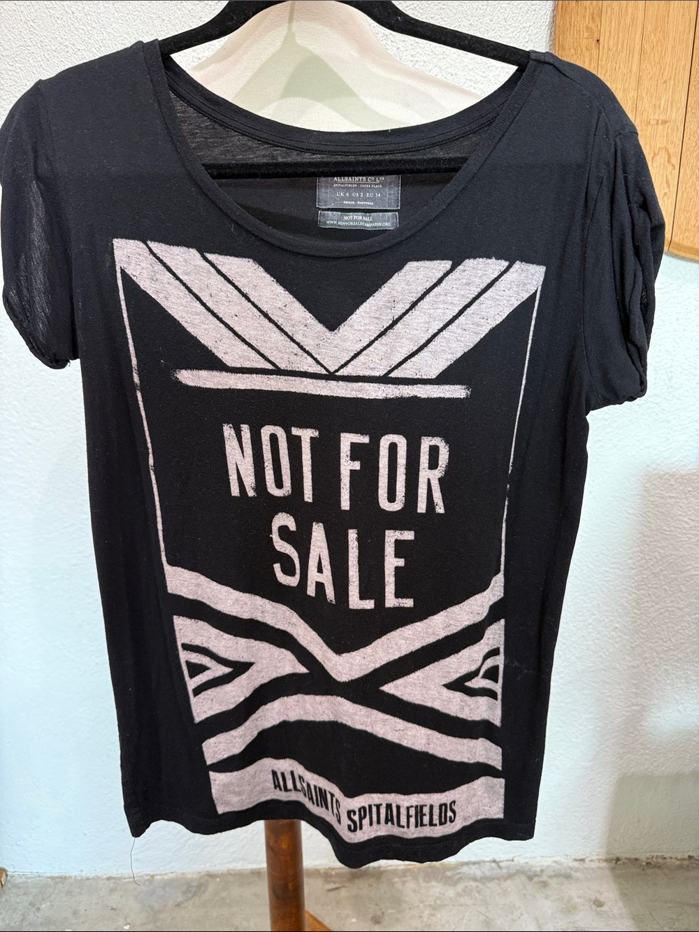 All Saints Black Tee with Pale Pink 'Not For Sale' Graphic